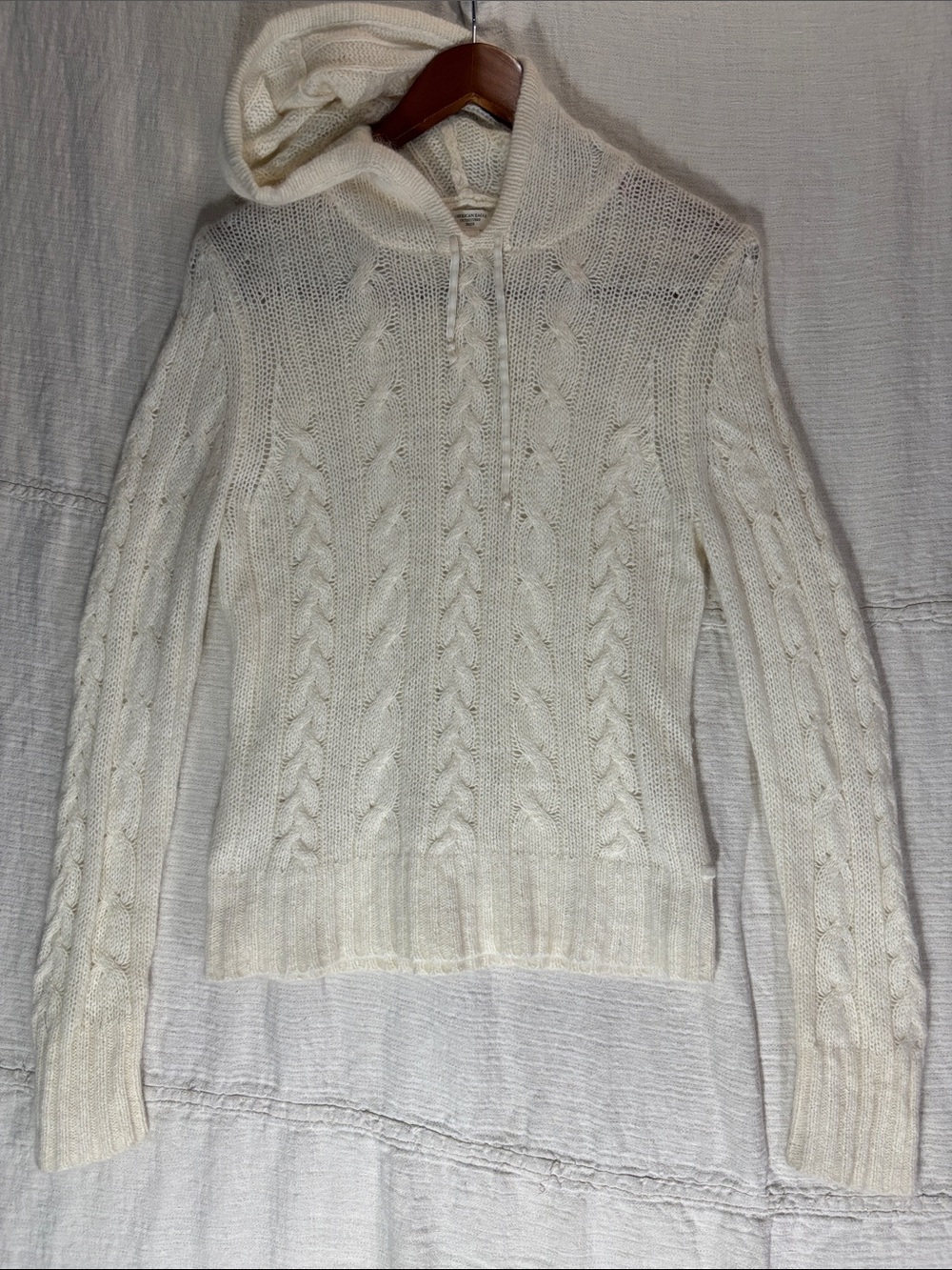 Vtg Y2K American Eagle Angora Wool Blend Cable Knit Hooded Sweater Sheer XL - Picture 1 of 9